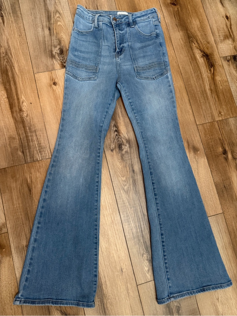Cello Women's Light Blue Flare Jeans with Front Patch Pockets